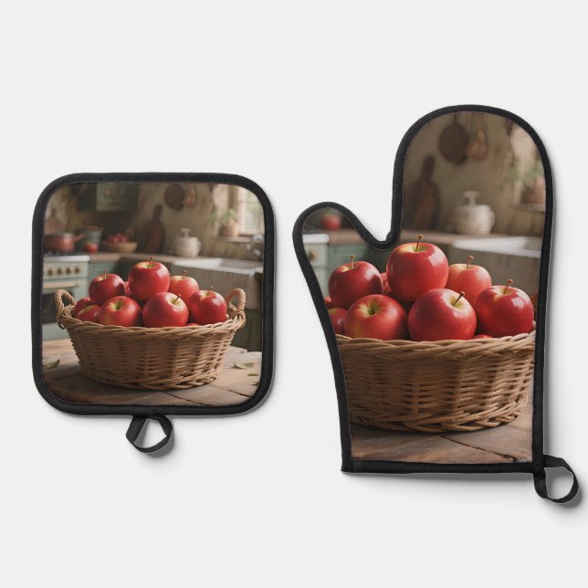 Korb mit roten Äpfeln Ofenhandschuh & Topflappen-Set (Vorderseite)