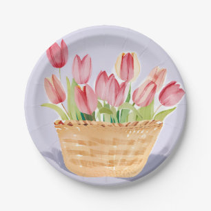 Korb mit Tulpen   Florale Aquarellmalerei Pappteller
