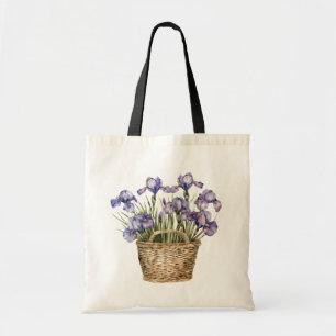 Korb mit violetten Schwertlilienblumen Tragetasche