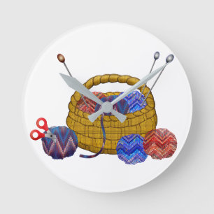 Körbe aus Garngarn, Nadeln, Kroketten-Körbe Runde Wanduhr