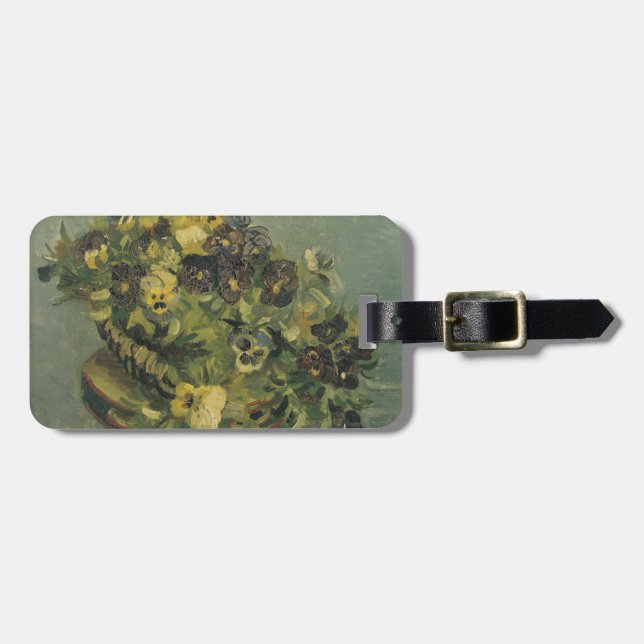 Körbe mit Stiefmütterchen auf einem kleinen Tisch Gepäckanhänger (Vorderseite horizontal)