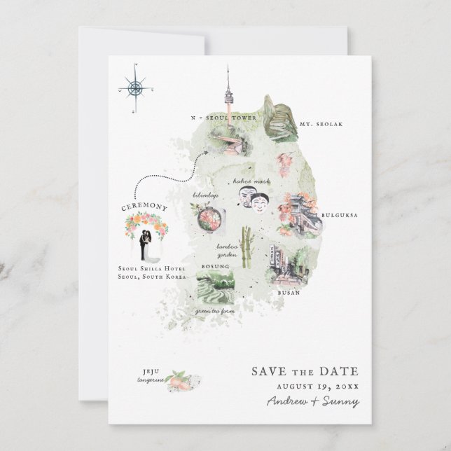 Korea | Destination Wedding Itinerary Map Einladung (Vorderseite)
