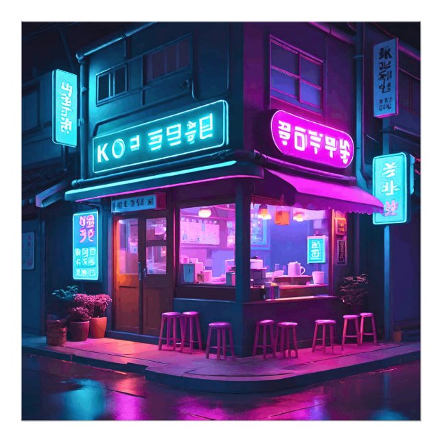 Korean Neon Coffee House LoFi Art Fotodruck (Vorne)