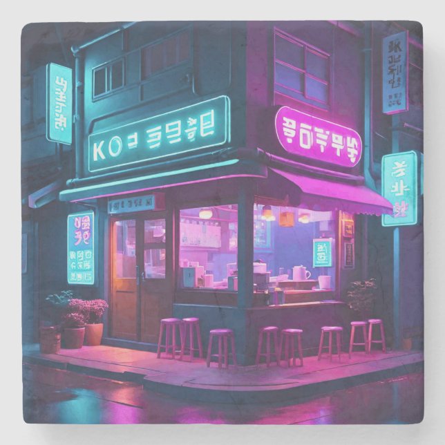 Korean Neon Coffee House LoFi Art Steinuntersetzer (Vorderseite)