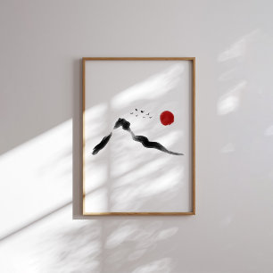 Koreanische Tintenlandschaft mit Red Sun Poster