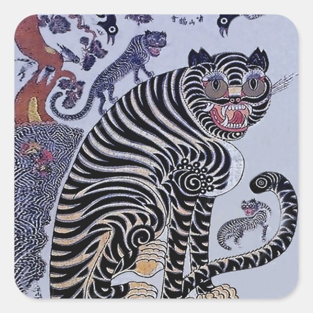 Koreanischer Tiger Minhwa mit drei Drehkreuzen Quadratischer Aufkleber (Vorderseite)
