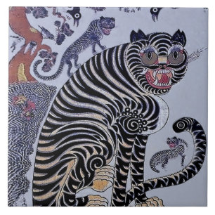 Koreanischer Tiger Minhwa mit drei Jungen Fliese