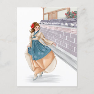 Koreanisches Mädchen, das hanbok-Postkarte wärmt Postkarte