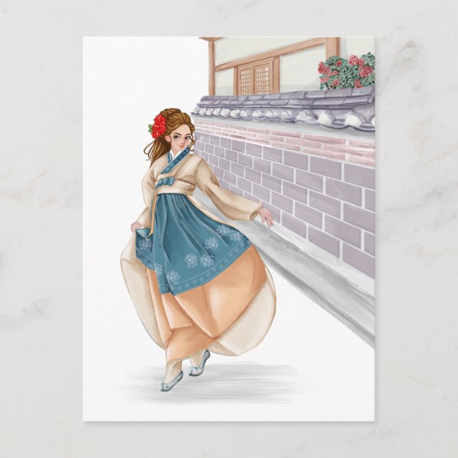 Koreanisches Mädchen, das hanbok-Postkarte wärmt Postkarte (Vorderseite)