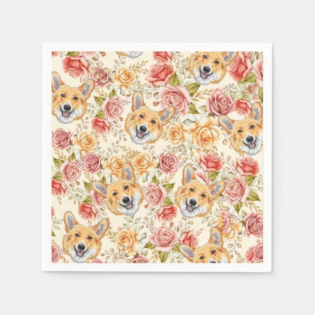 KORGI HUND UND ENGLISCHE ROSE PAPIER DECOUPAGE SERVIETTE (Vorderseite)