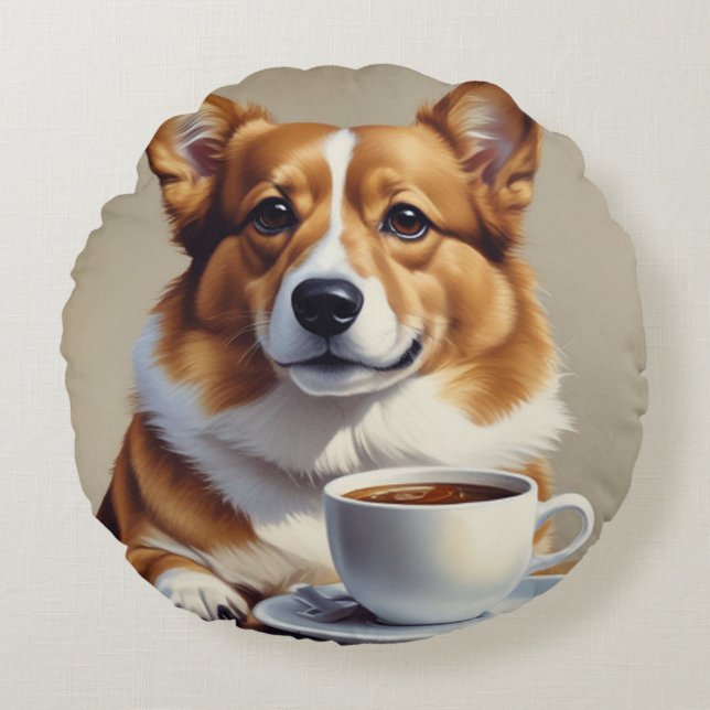 Korgi mit Kaffee Rundes Kissen (Vorderseite)
