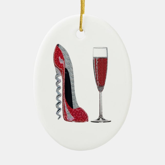 Korkenzieher-rote Stilett-und Champagne-Glas-Kunst Keramikornament (Vorne)