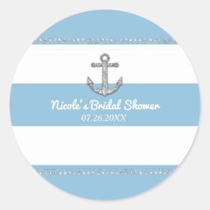 Kornblumenblau und weiß gestreifter Diamantanker Runder Aufkleber