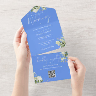 Kornblumenblaue Grüne QR-Code-Monogramm-Hochzeit All In One Einladung