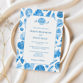 Kornblumenblaue Küsten-Muschel-Hochzeit Einladung