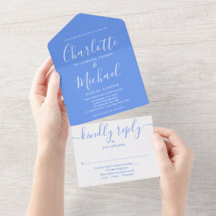 Kornblumenblaue moderne Unterschrift Hochzeitsschr All In One Einladung