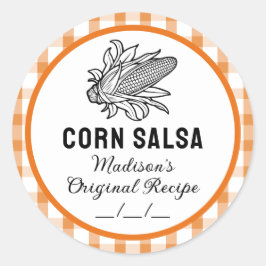 Kornsalsa-Aufkleber mit orangefarbenem karierten M Runder Aufkleber
