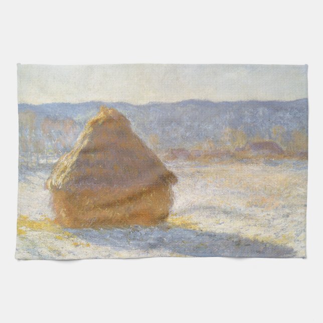 Kornstapel am Morgen, Schnee-Effekt von Claude Mon Geschirrtuch (Horizontal)