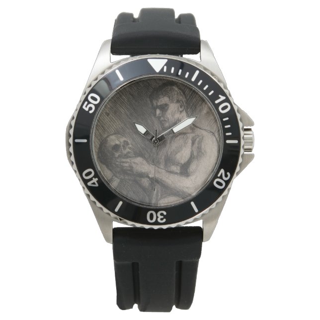 Körper eines Mannes, der einen Schädel hält (von A Armbanduhr (Vorderseite)