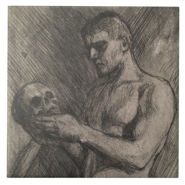 Körper eines Mannes, der einen Schädel hält (von A Fliese (Vorderseite)