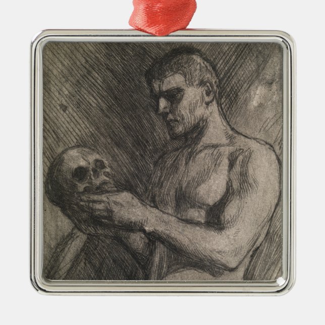 Körper eines Mannes, der einen Schädel hält (von A Ornament Aus Metall (Vorne)