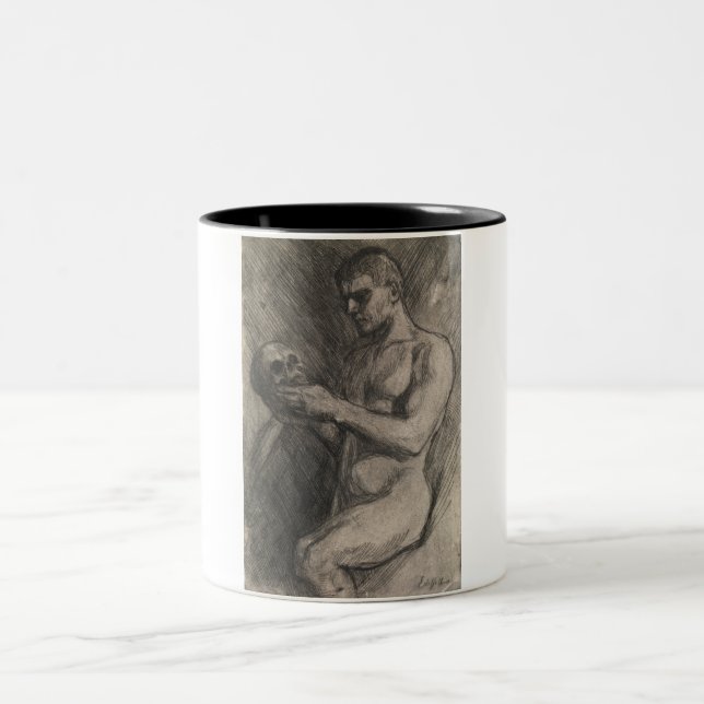 Körper eines Mannes, der einen Schädel hält (von A Zweifarbige Tasse (Mittel)