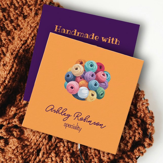 Korrosionsgarn, handgefertigt mit Liebe gelb Quadratische Visitenkarte (Crochet corlorful yarn handmade with love yellow square business card)