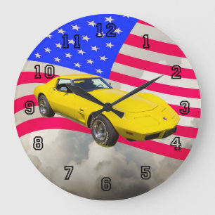KorvetteStingray 1975 mit amerikanischer Flagge Große Wanduhr