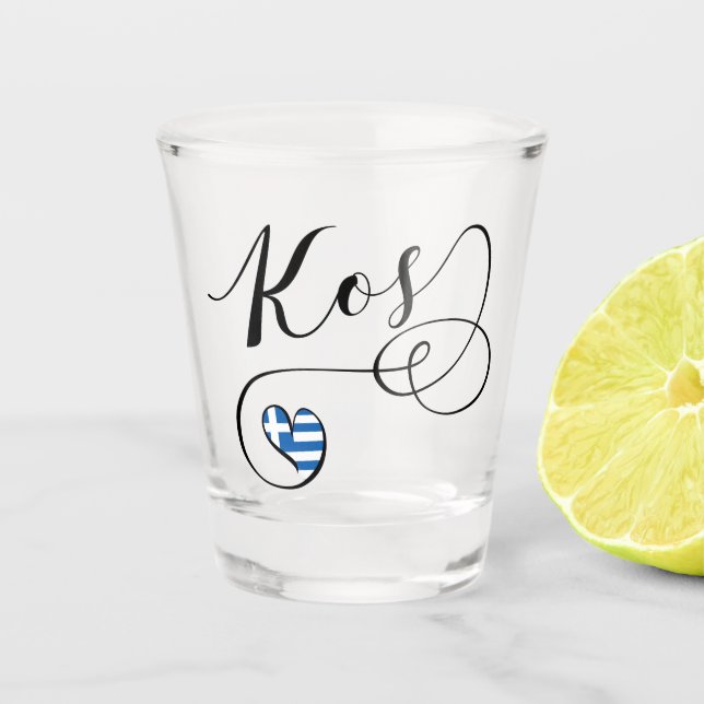 Kos Heart in Flag, Griechenland, I Liebe Kos, Cos Schnapsglas (Vorderseite)