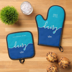 Kosher Kitchen Script Dairy mit Hebräisch Blue Ofenhandschuh & Topflappen-Set