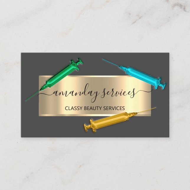 Kosmetologin Spritze Botox B12 QRCode Gray Blue Visitenkarte (Vorderseite)