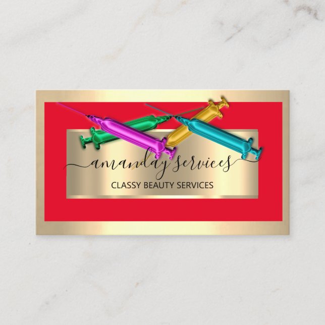 Kosmetologin Spritze Botox B12 QRCode Red Golden Visitenkarte (Vorderseite)