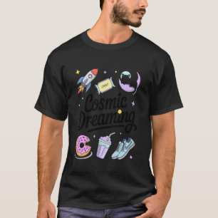 Kosmisch Träumende Weltraumkatze Mond Rakete Stern T-Shirt