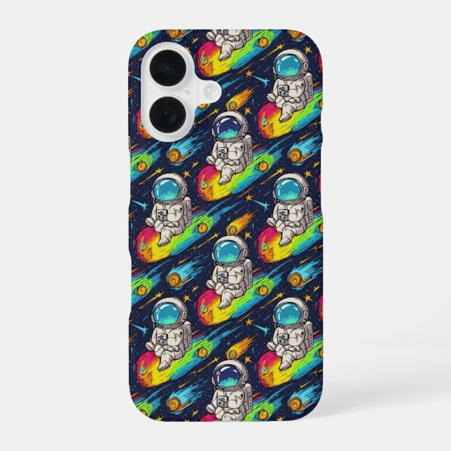 Kosmische Astronauten-Meteor-Fahr-Muster iPhone 16 Hülle (Rückseite)