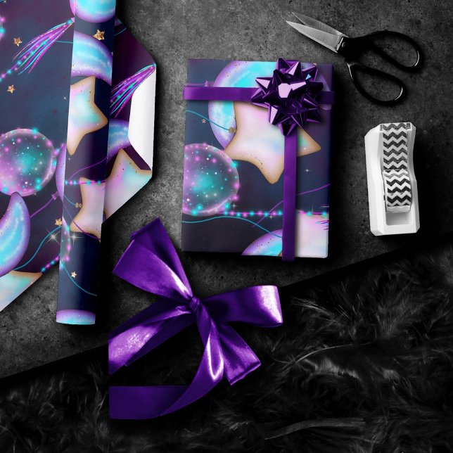 Kosmische Ballons | Planeten der Lila Mond-Sterne Geschenkpapier (Von Creator hochgeladen)