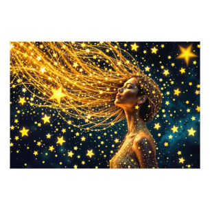 Kosmische Frau mit leuchtendem, goldgelbem Haar Fotodruck
