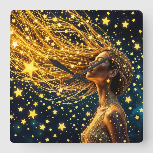 Kosmische Frau mit leuchtendem, goldgelbem Haar Quadratische Wanduhr (Vorderseite)