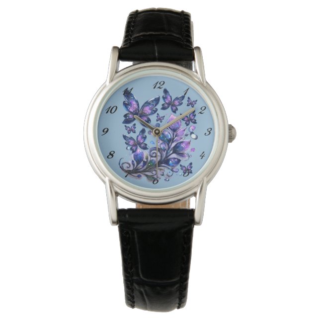 Kosmische Funken Schmetterlinge Blau Armbanduhr (Vorderseite)