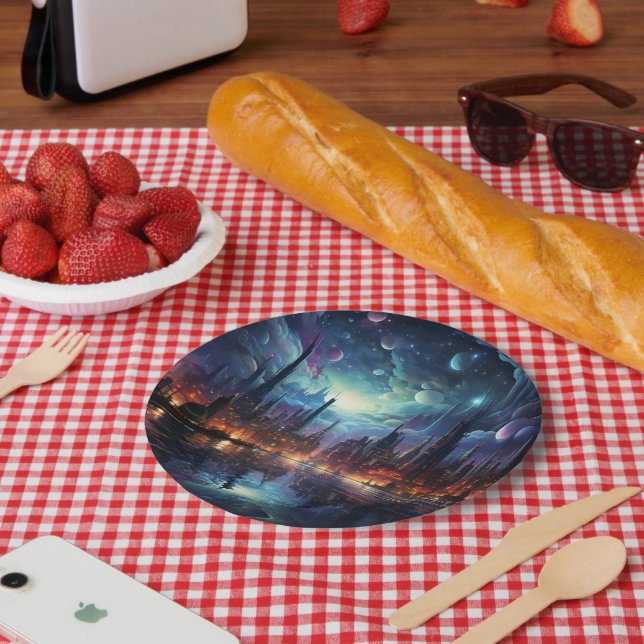 Kosmische Futuristische Metropole Wolkenkratzer Pappteller (Picknick)
