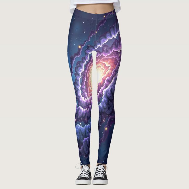 Kosmische Galaxie-Druck mit wirbelnden Purpuren un Leggings (Vorderseite)