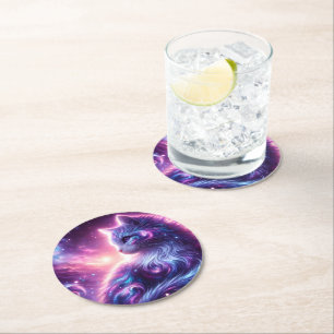 Kosmische Galaxie Mystische Katze Himmlisch Runder Pappuntersetzer