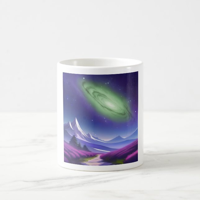 Kosmische Galaxie-Tasse - Grüner Nebel über Lila B Kaffeetasse (Mittel)