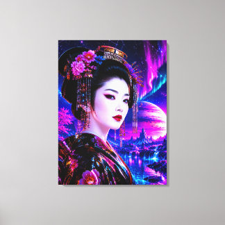 Kosmische Geisha im Neon‑Traumland Leinwanddruck