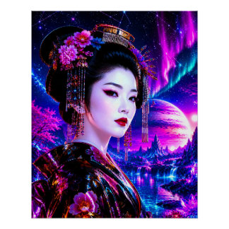 Kosmische Geisha im Neon‑Traumland Poster