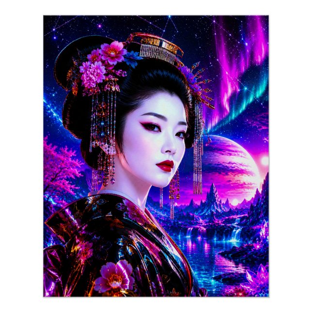 Kosmische Geisha im Neon‑Traumland Poster (Vorderseite)