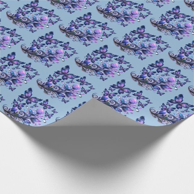 Kosmische Glitzer Schmetterlinge Muster Blau Geschenkpapier (Ecke)