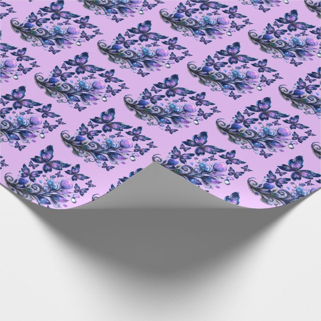 Kosmische Glitzer Schmetterlinge Muster Rosa Geschenkpapier (Ecke)