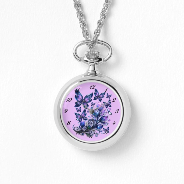 Kosmische Glitzer Schmetterlinge Rosa Armbanduhr (Vorderseite)