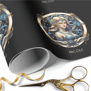 Kosmische Jungfrau-Zodiakssymbol Blau Gold Schrift Geschenkpapier