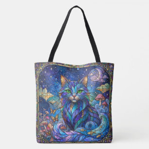 Kosmische Katze Buntglas Surreal Blau Grüne Augen